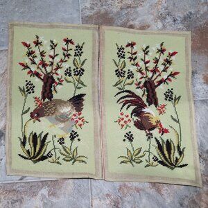 Handmade Finished Pair Completed Cross Stitch Rooster Hen Chicken Embroidery Unf